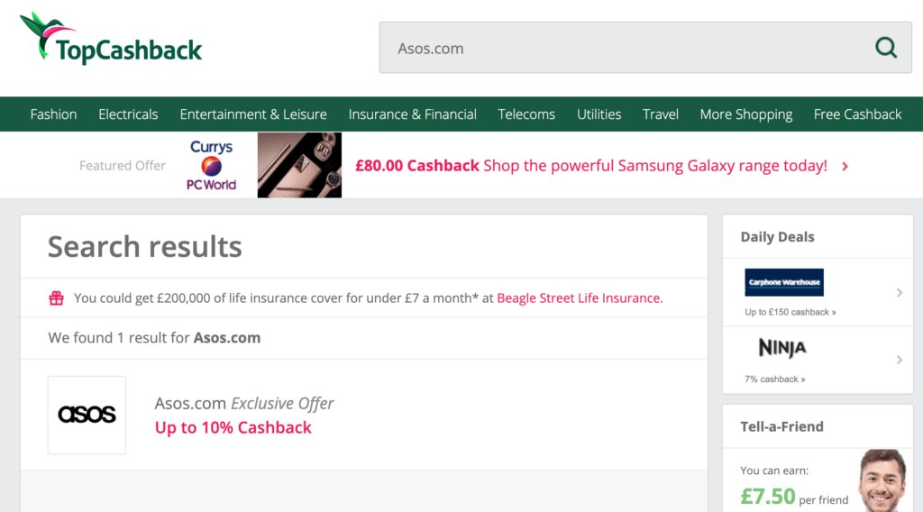TopCashback UK Asos search