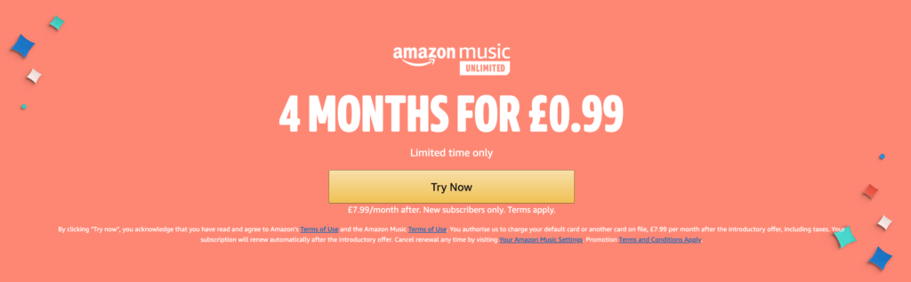 4 months for 99p Amazon Music Unlimited